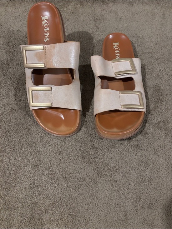Korks Shoes - Korks Tan Aurianna Footbed Slide In Sandals w/Gold Buckle Velcro Closure-SZ 10